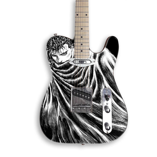 Cloaked Swordsman Manga guitar skin on a black Tele-style guitar