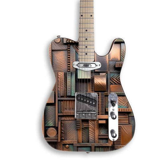 Copper Patina Assemblage guitar skin on a black Tele-style guitar