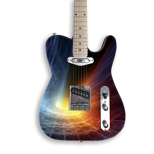 Cosmic Fractal Vortex guitar skin on a black Tele-style guitar