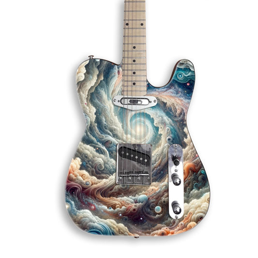 Cosmic Swirl Vortex guitar skin on a black Tele-style guitar
