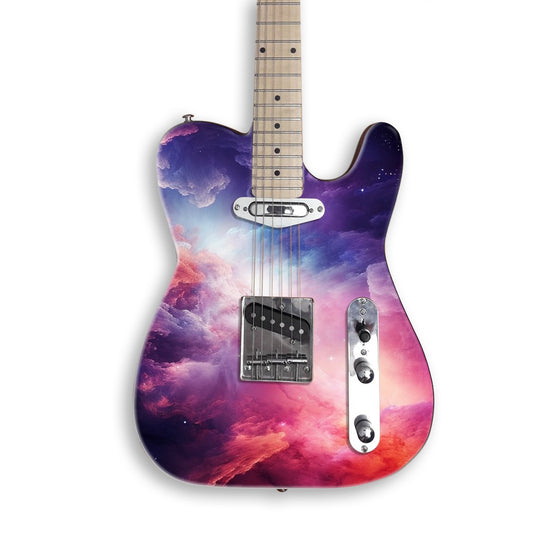 Crimson Violet Nebula guitar skin on a black Tele-style guitar