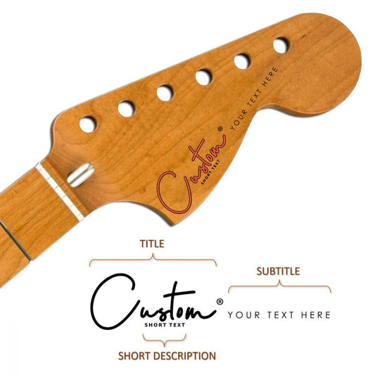 Clark 02 custom headstock decal on wood neck with layout template for title, subtitle, and short text customization