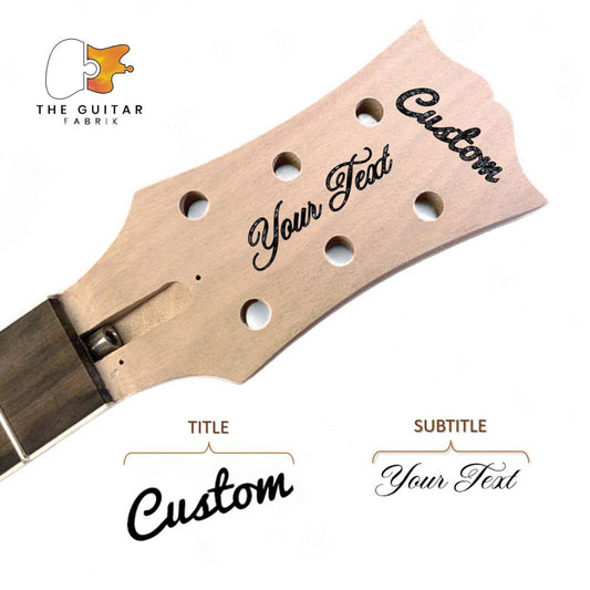Headstock Decals Custom 3R-3L on light wood headstock with sample text layouts showing customization options