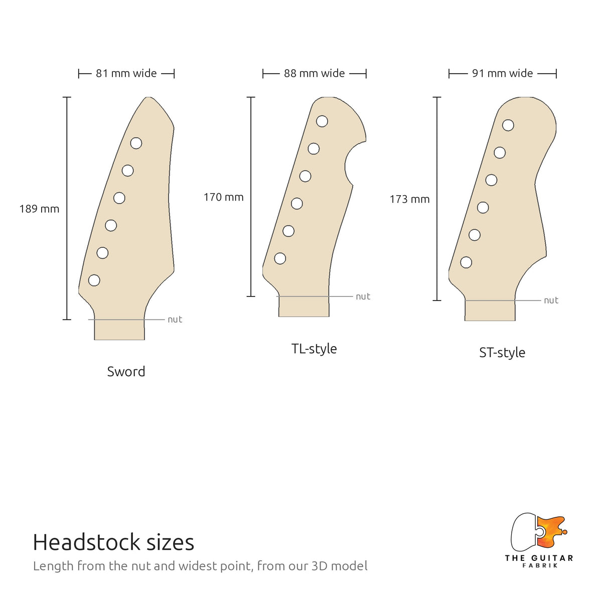 Headstock sizes: sword 189 x 81 mm, TL-style 170 x 88 mm, ST-style 173 x 91 mm