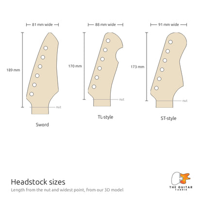 Headstock sizes: sword 189 x 81 mm, TL-style 170 x 88 mm, ST-style 173 x 91 mm