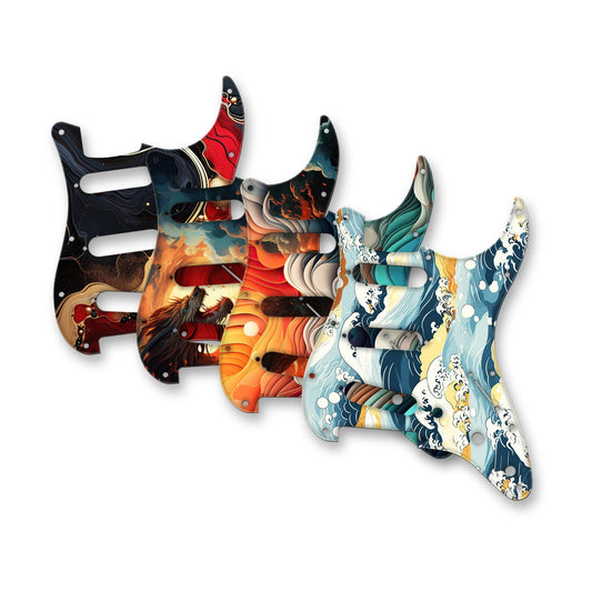 Strat pickguards finished with four different guitar skin designs
