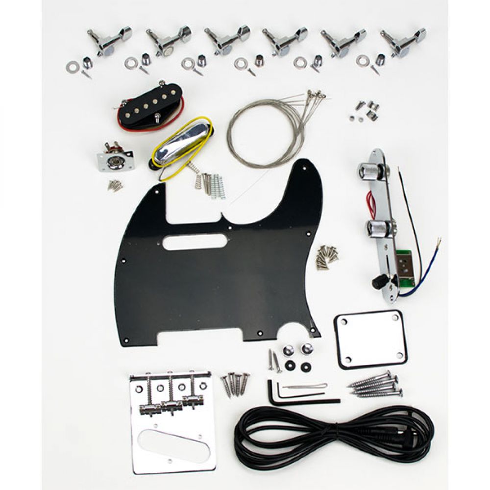 Chrome hardware, pickups, solderless wiring and pickguard in the box