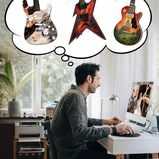Man at desk uploading artwork for custom guitar skin design with three example guitars shown in thought bubble above