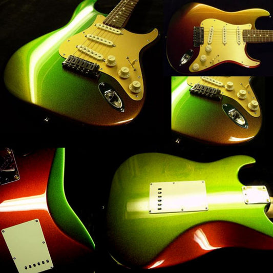 Guitar Custom Cameleon with chameleon paint in bright green, yellow, and red metallic colors shown from front and side angles