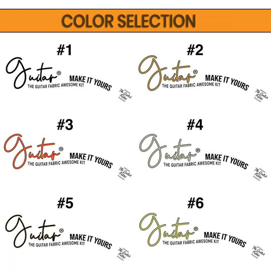 Six color options for Clark 01 custom headstock decals ranging from black outline to gold outline with matching text