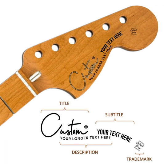 Clark 01 custom headstock decal template showing customizable title, subtitle, description, and trademark placement