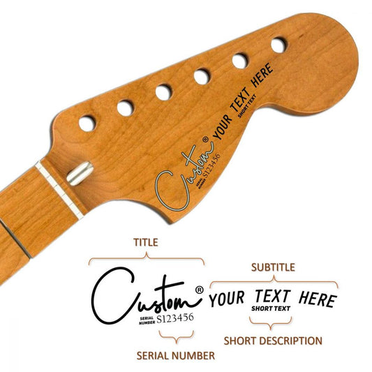Clark 03 custom headstock decal on wooden neck showing title, subtitle, short text, and serial number in black ink