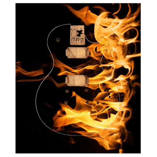 Elvis Guitar Skin with dramatic orange flame design on black background, displayed on semi-hollow body guitar outline