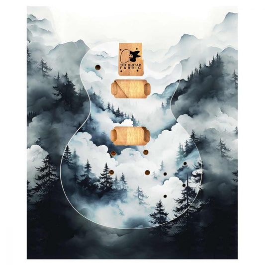Forest in the Fog Guitar Skin flat lay showing misty forest landscape with mountains and pine trees