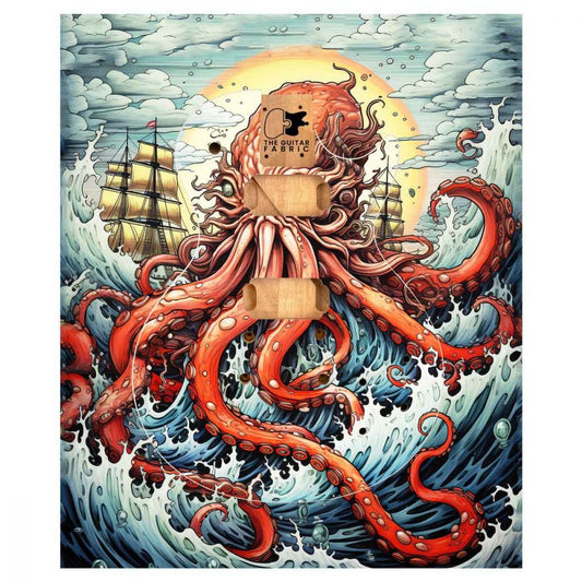 Monstrous octopus with red tentacles and sailing ships against yellow sun surrounded by ocean waves and clouds