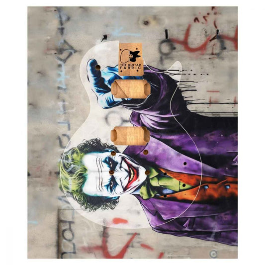 Joker Graffiti Guitar Skin with purple suit and green hair on white electric guitar body.