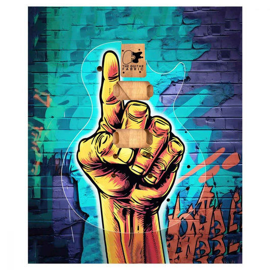 Hand Graffiti Guitar Skin flat layout showing yellow fist with cyan and purple brick wall backdrop