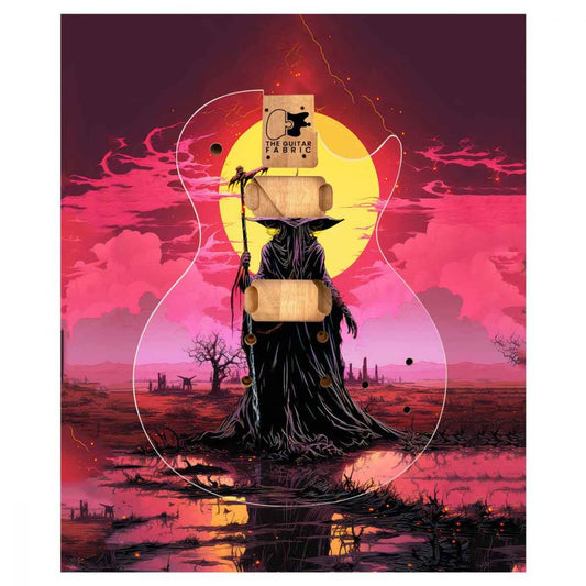 Sorcerer Guitar Skin featuring mystical robed figure with yellow moon and pink landscape design artwork