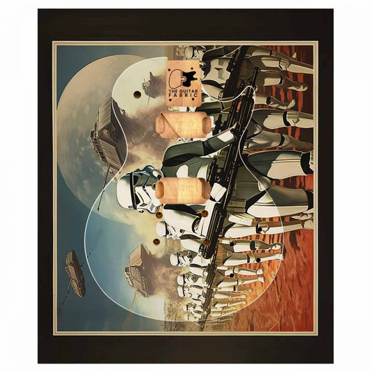 Stormtroopers Guitar Skin framed display showing full design with military scene and troops on desert landscape