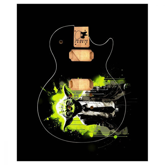 Yoda Guitar Skin vinyl wrap on black background with neon yellow splashes and Yoda face design