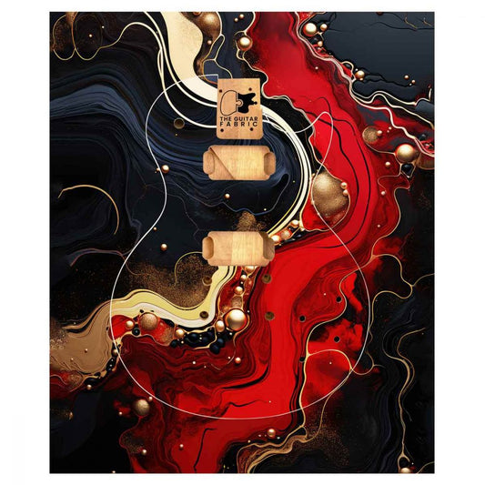 Colored River Guitar Skin flat lay showing red, black, navy and gold fluid design with bronze accents and decorative pearls