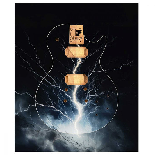 Lightnings Guitar Skin with electric bolt design on black background and wooden hardware display