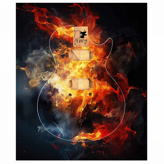 Flame Explosion Guitar Skin featuring red and gold fire effects surrounding electric guitar body on black background