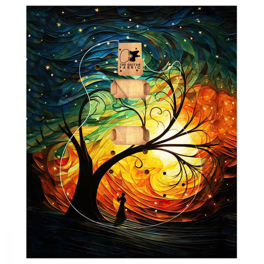 Tree in Night guitar skin featuring swirling night sky with stars and a glowing tree silhouette from top view