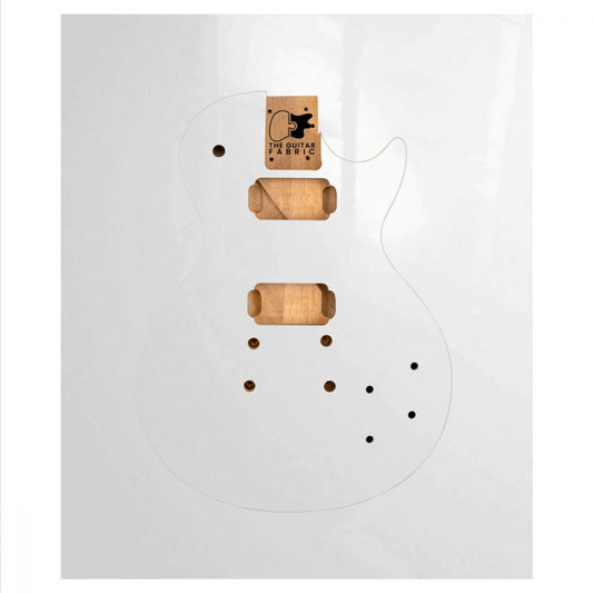 Glossy white guitar skin sheet displayed flat showing The Guitar Fabrik branding and wooden application tools