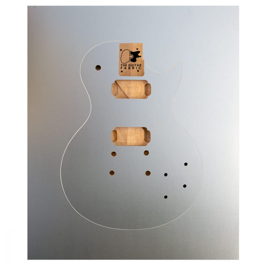 Matte chrome guitar skin displayed on flat surface with wooden brand tag and hardware details visible