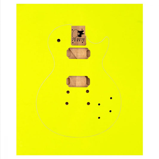 Yellow fluorescent guitar skin sheet displayed flat showing body outline and The Guitar Fabrik branding label