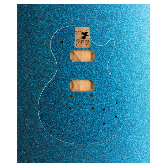 Diamond Purple Blue Guitar Skin flat lay showing turquoise glitter texture and body outline with wooden hardware