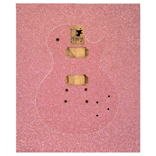Super Glitter Pink Guitar Skin flat lay with guitar template overlay and cutout areas showing vinyl dimensions
