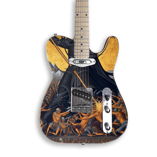 Dark Knight Battle Icon guitar skin on a black Tele-style guitar