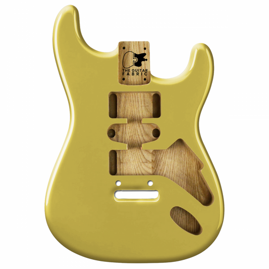 Dartfords Rich Gold Powder applied to guitar body showing luminous yellow finish