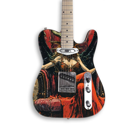 Demon Queen Throne guitar skin on a black Tele-style guitar