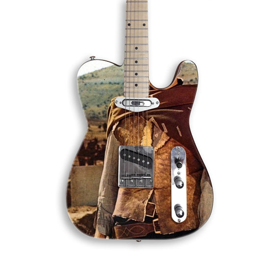 Desert Gunslinger Poncho guitar skin on a black Tele-style guitar