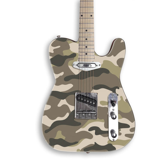 Desert Woodland Camo guitar skin on a black Tele-style guitar