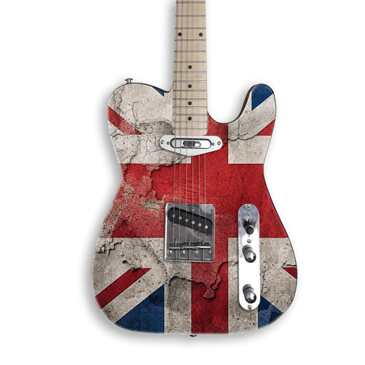 Distressed British Flag guitar skin on a black Tele-style guitar