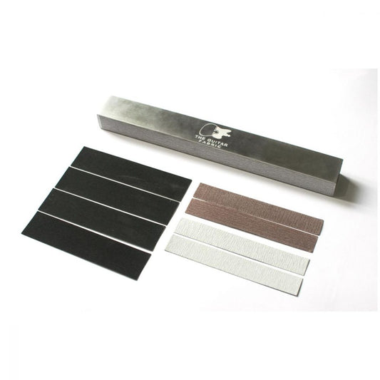 Guitar Tool Kit 30cm Fret Leveling Beam with metal construction and three adhesive-backed sanding paper sets displayed