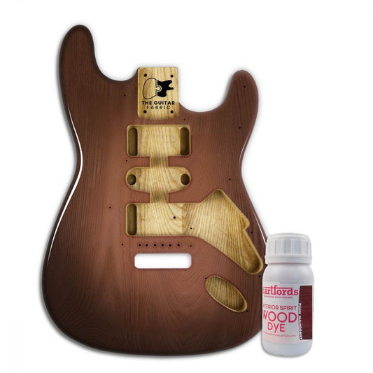 Plum Mahogany alcohol-based wood dye 230mL bottle displayed next to guitar body with natural wood pickguard