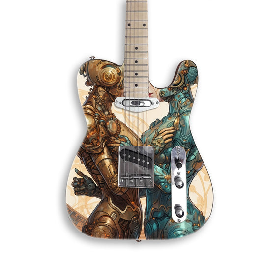 Embracing Robot Lovers guitar skin on a black Tele-style guitar