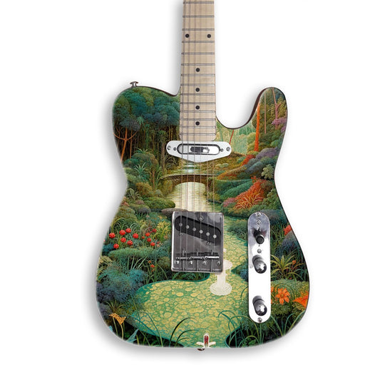 Enchanted Garden Stream guitar skin on a black Tele-style guitar