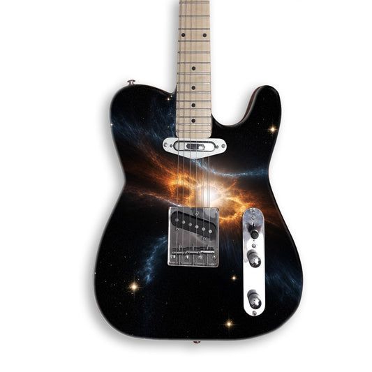 Exploding Star Nebula guitar skin on a black Tele-style guitar