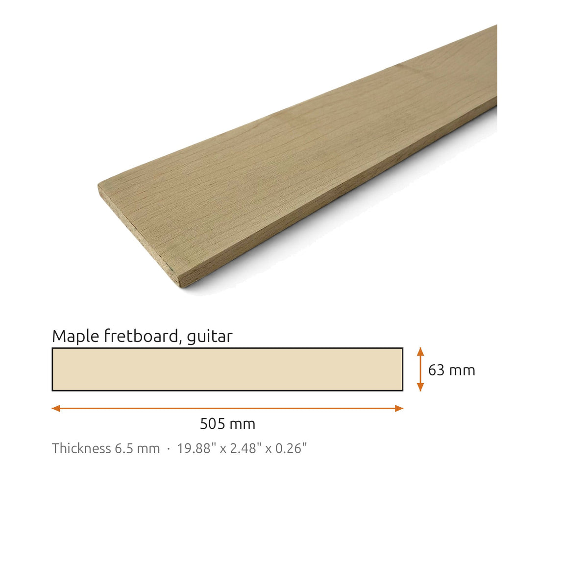 Fretboard blank in maple for guitar or bass, unslotted