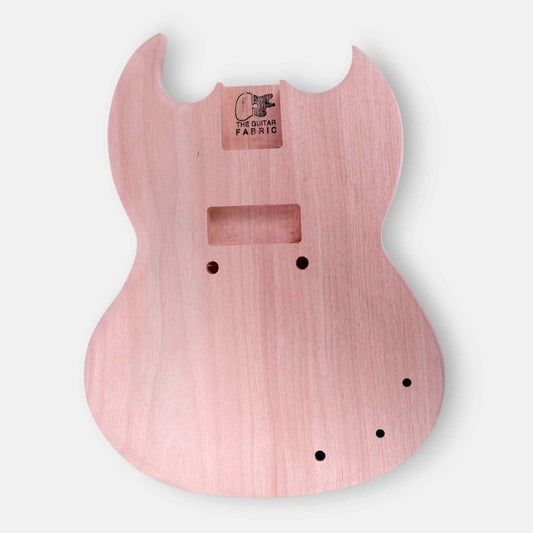 Unfinished mahogany guitar body Solid-G Junior front view showing pickup and bridge routing cavities