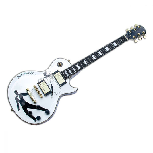 Electric Guitar Single Cut Wedding white body angled view with couple and gold hardware