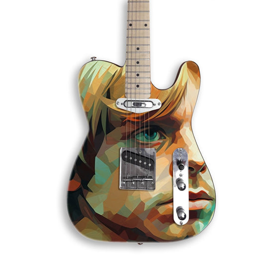 Geometric Hero Portrait guitar skin on a black Tele-style guitar