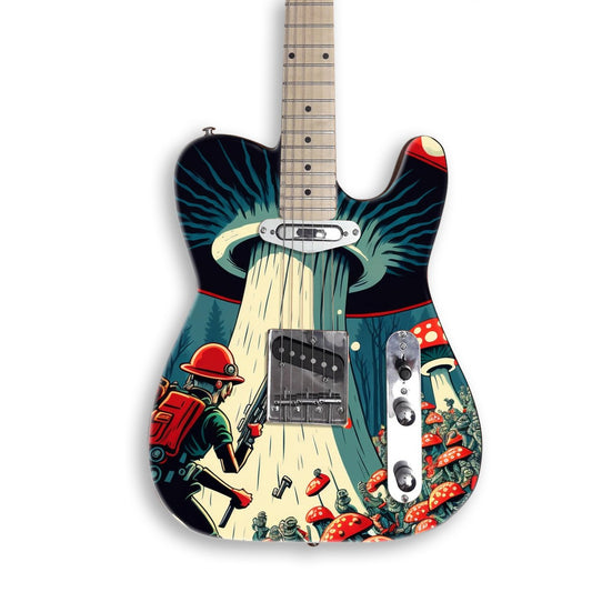 Giant Toadstool Forest guitar skin on a black Tele-style guitar
