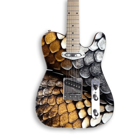 Gold Silver Dragon Scales guitar skin on a black Tele-style guitar